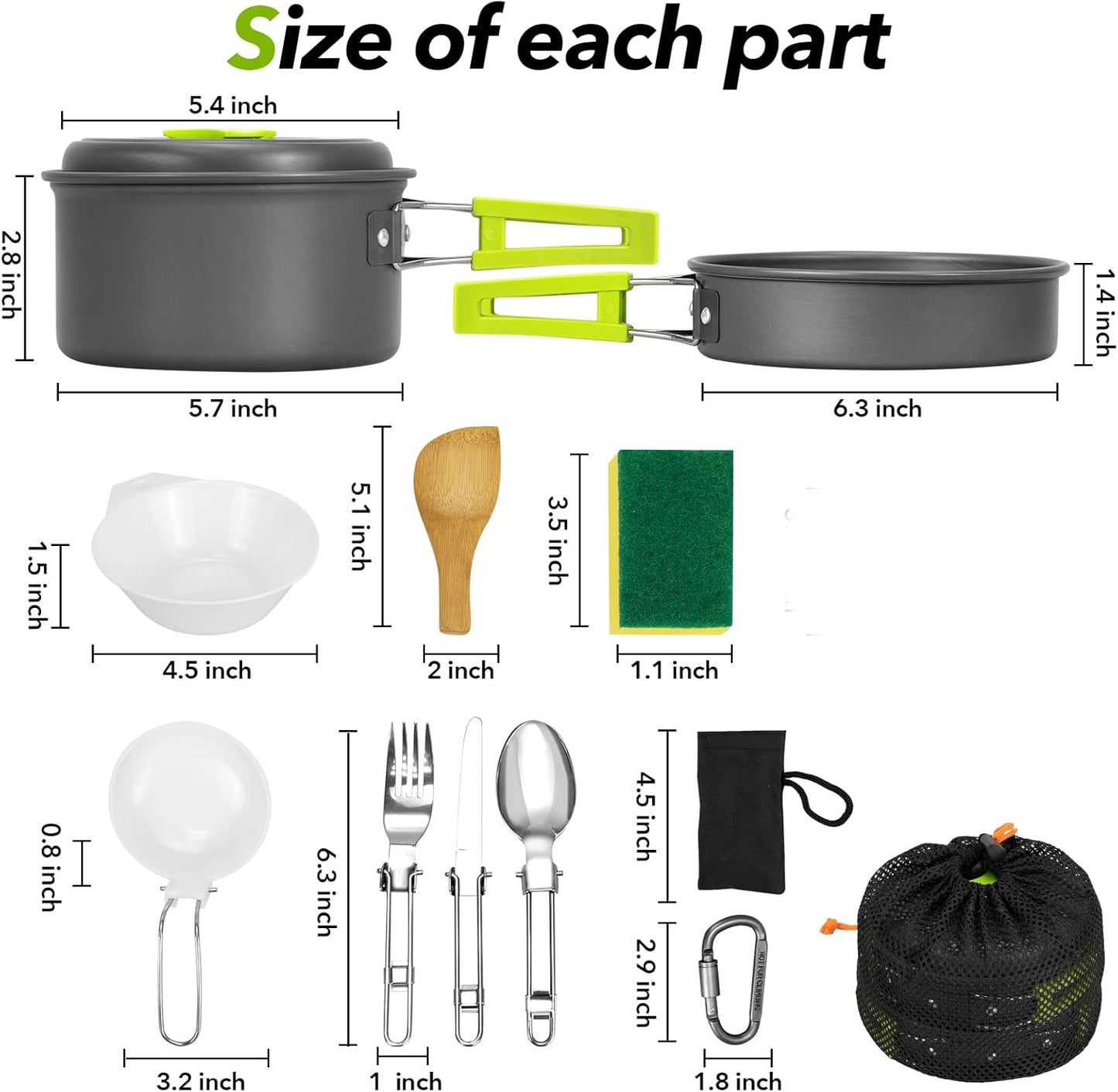 Mess Kit,Non-Stick Pot, pan Set with Fork, knife, spoon and spatula