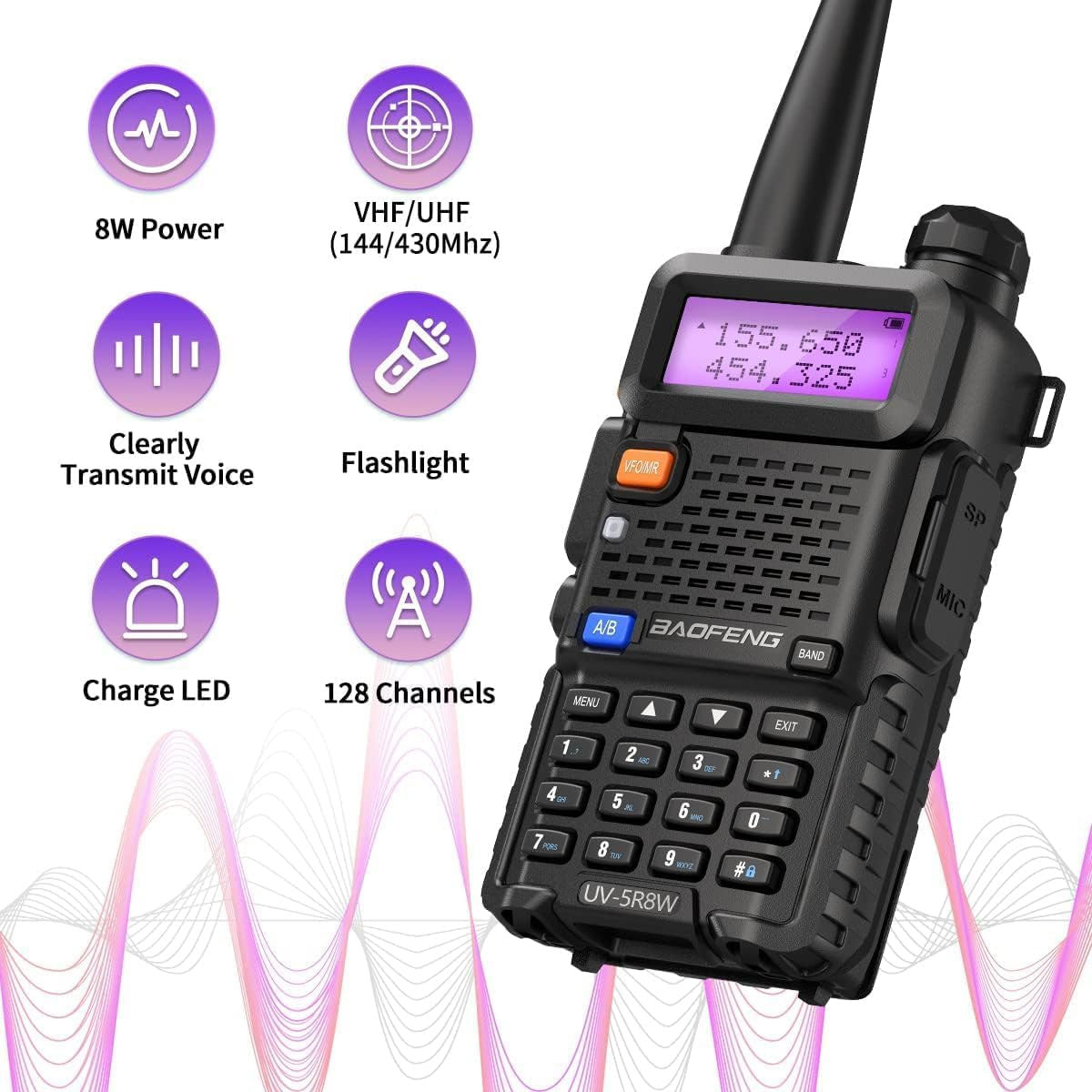 BAOFENG UV-5R 8W Ham Radio Handheld UV5R Long Range Walkie Talkies Rechargeable Dual Band Two Way Radio (Black 2Pack 8W)