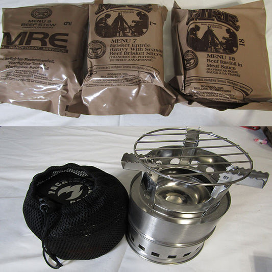 3 MRE's + Packing Heat 2 stage wood burning stove with Fire Starters and Ferro rod